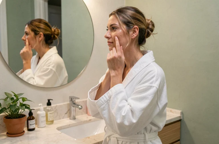 Femme appliquant un sérum visage dans une salle de bain moderne avec des produits de soin naturels