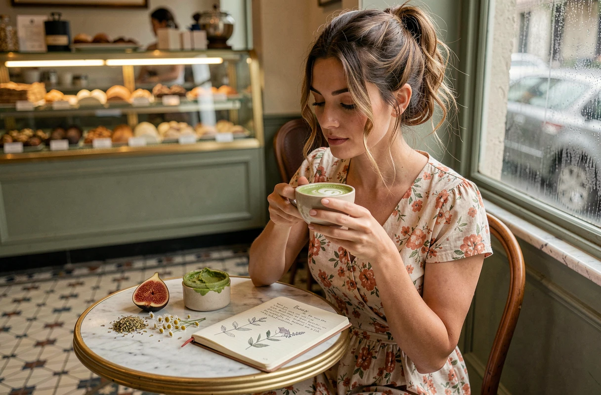 Jeune femme dans un café parisien combinant soins beauté naturels et ingrédients culinaires sur une table en marbre avec carnet de recettes