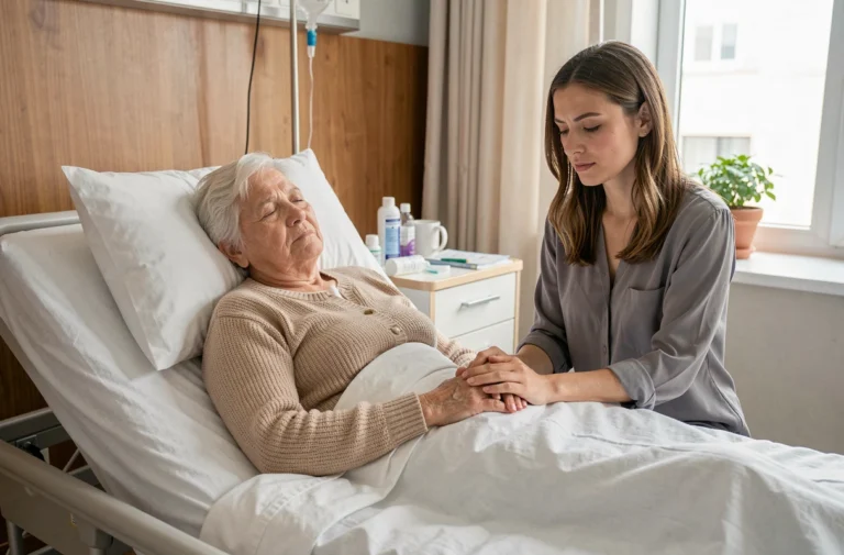 Femme âgée en soins palliatifs tenant la main de sa fille dans une chambre d'hôpital apaisante