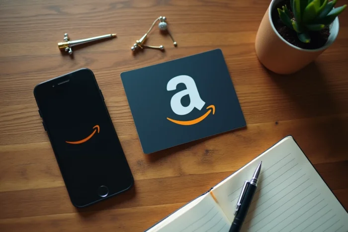 Vue en plongée d'un bureau avec smartphone affichant le solde Amazon, carte cadeau et carnet de notes pour transfert de crédit