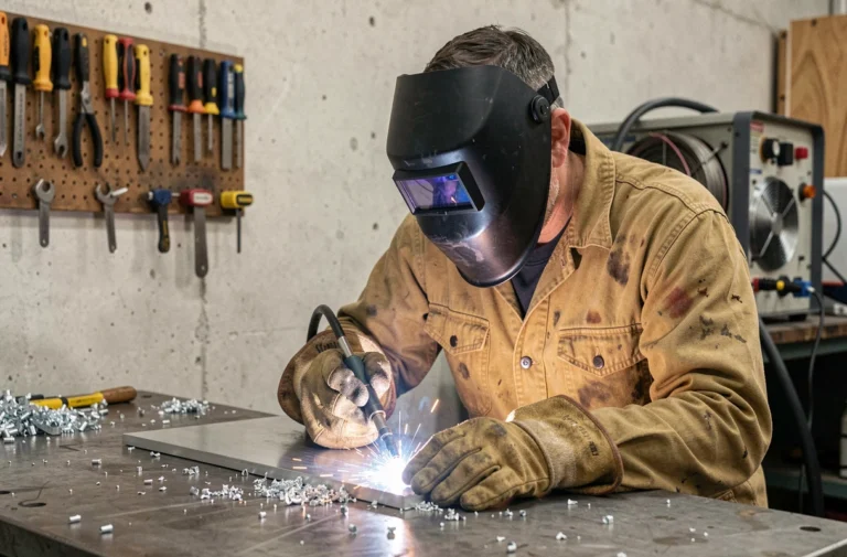 Soudeur professionnel en train de souder de l'aluminium avec un poste MIG dans un atelier industriel