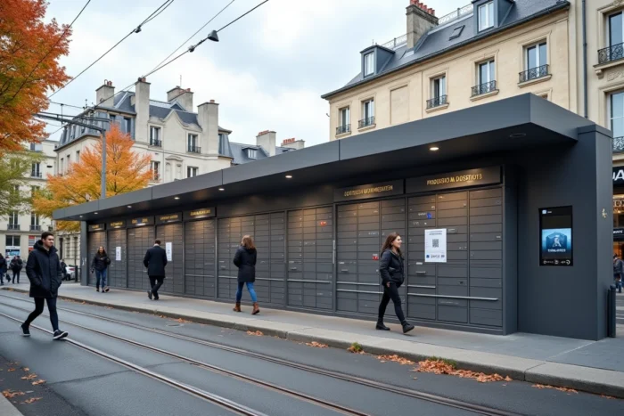 Station de casiers intelligents pour colis en libre-service près d'un arrêt de tramway à Bordeaux