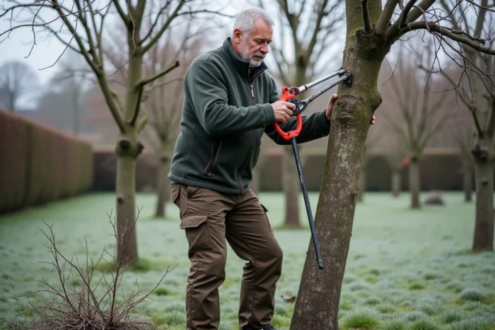 Homme taillant un arbre fruitier dormant avec un sécateur en fin d'hiver dans un jardin givré