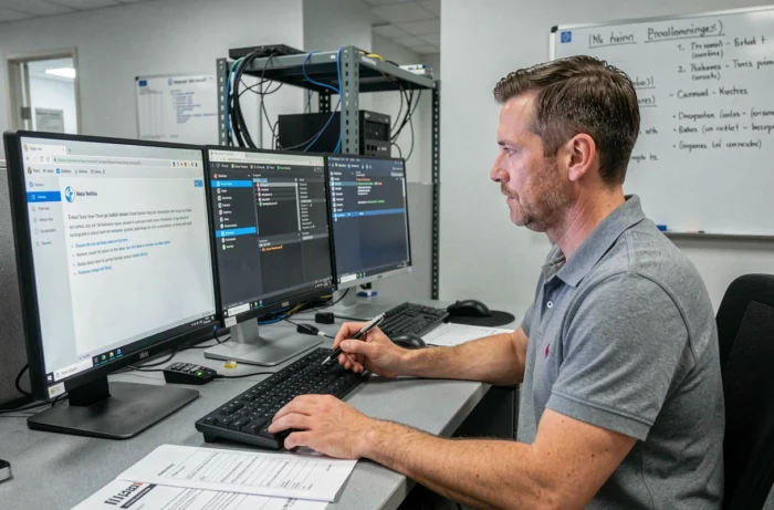 Technicien informatique résolvant un problème de connexion au webmail de l'académie de Créteil