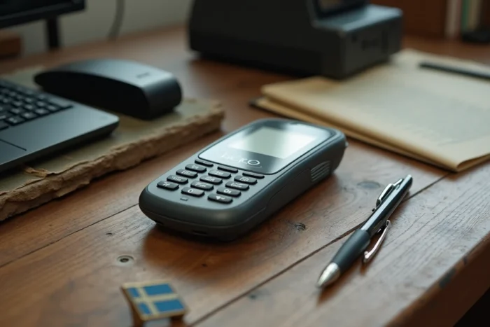 Téléphone Doro posé sur un bureau en chêne avec des brochures vintage évoquant l'histoire et l'origine suédoise de la marque