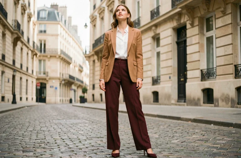 Femme élégante en blazer camel et pantalon large bordeaux dans une rue parisienne, tendances mode automne-hiver