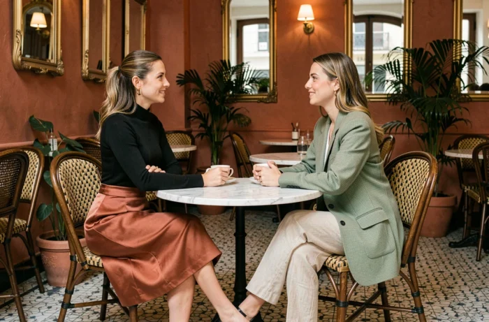 Deux femmes élégamment habillées selon les dernières tendances mode assises dans un café parisien au décor vintage, discutant autour d'une table en marbre