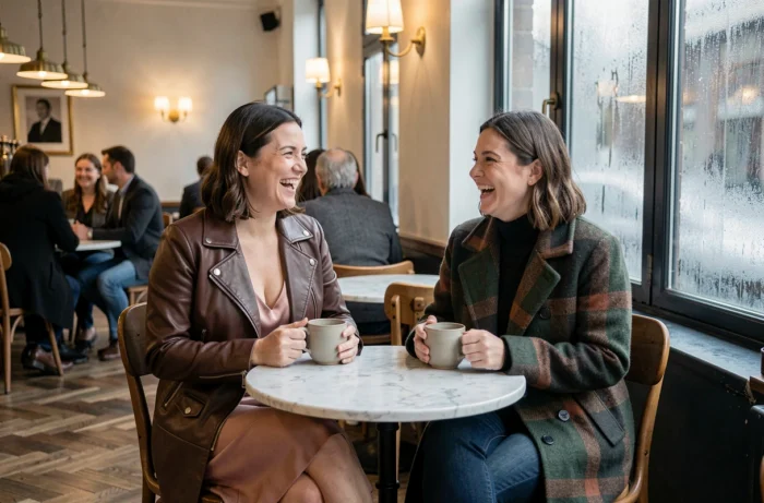 Deux femmes tendance en veste en cuir et manteau à carreaux dans un café parisien, looks mode de saison