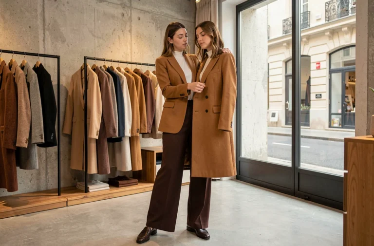 Jeune femme élégante parcourant un portant vêtements dans une boutique de mode minimaliste parisienne, portant un blazer camel et un pantalon large chocolat