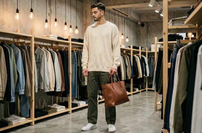 Homme stylé en pull en maille crème et cargo olive dans un concept store moderne, mode masculine tendance