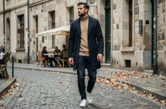 Homme en manteau marine structuré et pull col roulé en laine marchant dans une rue pavée d'un quartier européen historique en automne