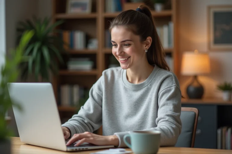 Femme utilisant un ordinateur portable pour transférer son solde Amazon depuis son bureau à domicile