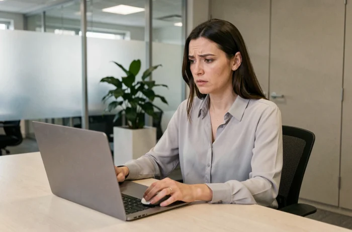 Femme vérifiant l'accessibilité de sa messagerie Pia sur un ordinateur portable au bureau