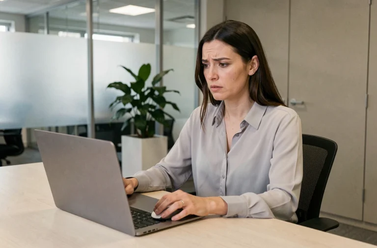 Femme vérifiant l'accessibilité de sa messagerie Pia sur un ordinateur portable au bureau