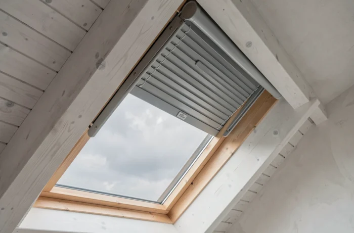 Volet roulant sur mesure installé sur une fenêtre triangulaire dans un loft sous les toits avec finition moderne