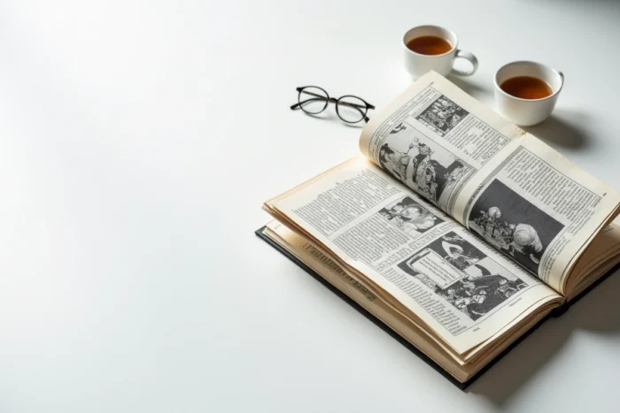 Volumes de manga japonais ouverts sur une table avec pages illustrées en noir et blanc visibles