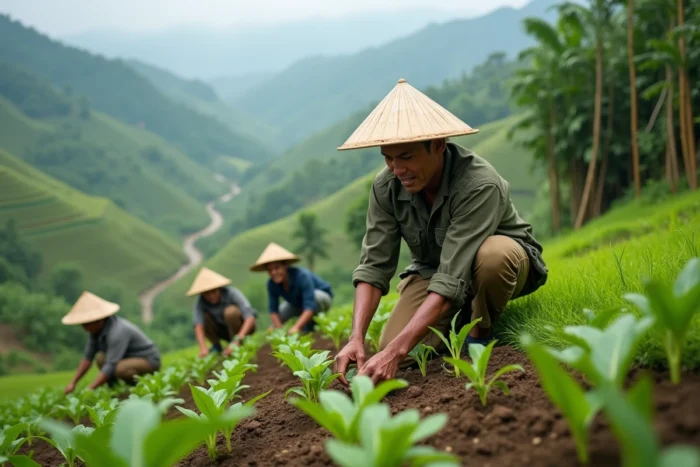 Voyageur responsable aidant des agriculteurs locaux à planter des cultures en terrasses en Asie du Sud-Est