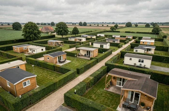 Vue d'ensemble d'un parc résidentiel de loisirs en Vendée avec parcelles délimitées et chalets individuels