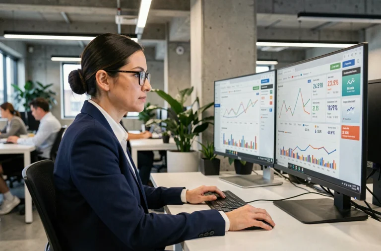 Une webmaster analyse les performances de ses annonces sur des tableaux de bord numériques dans un bureau moderne